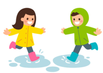 Cartoon kids in rain puddle